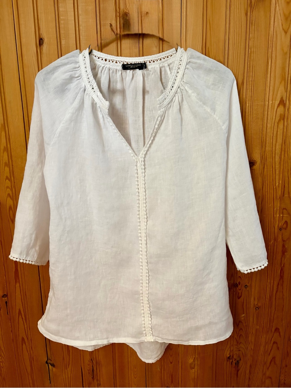 Made in Italy White Linen Crochet-Trim Peasant Blouse